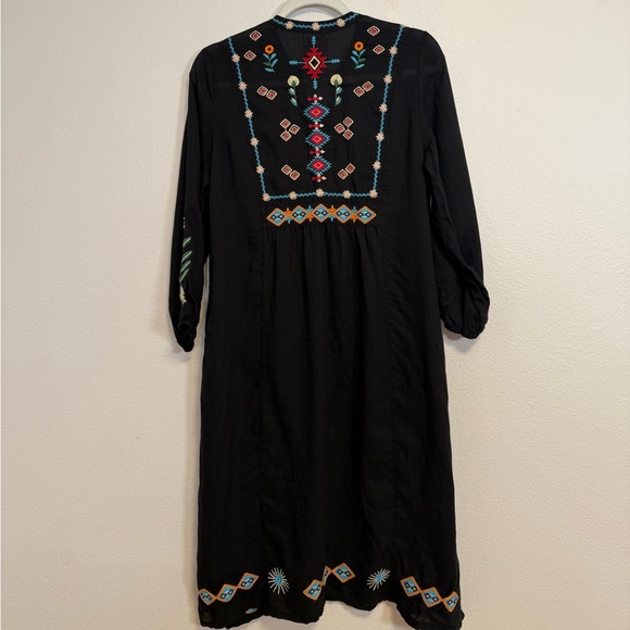 JOHNNY WAS BUTTON FRONT YOKE DRESS BLACK FLORAL EMBROIDERED SZ XS - Picture 8 of 11